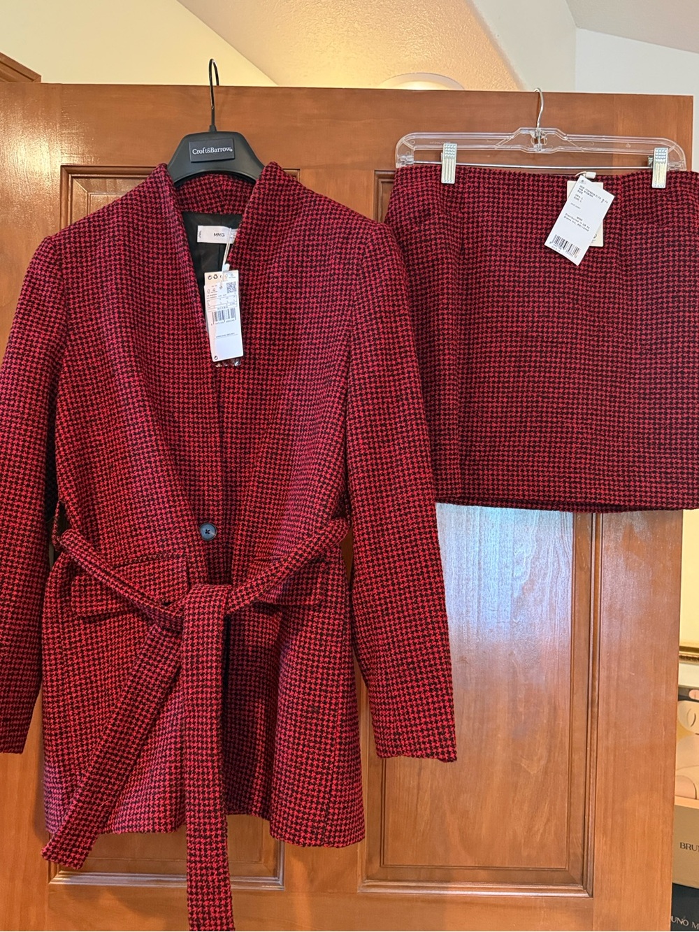 Mango Red Black Houndstooth Button Front Belted Blazer and Mini Skirt Suit set